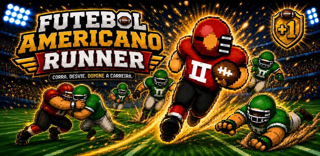 Banner oficial Futebol Americano Runner mostrando jogador correndo sob luzes de estádio