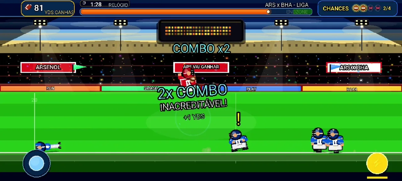 Frame real da gameplay de Futebol Americano Runner com jogadores e defensores
