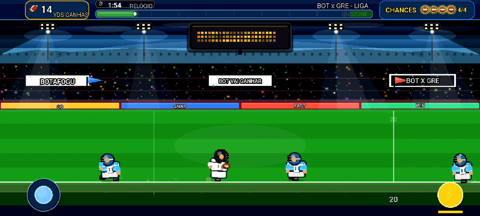 Captura real do jogo mostrando estádio pixelado e jogadores na primeira etapa das 100 jardas