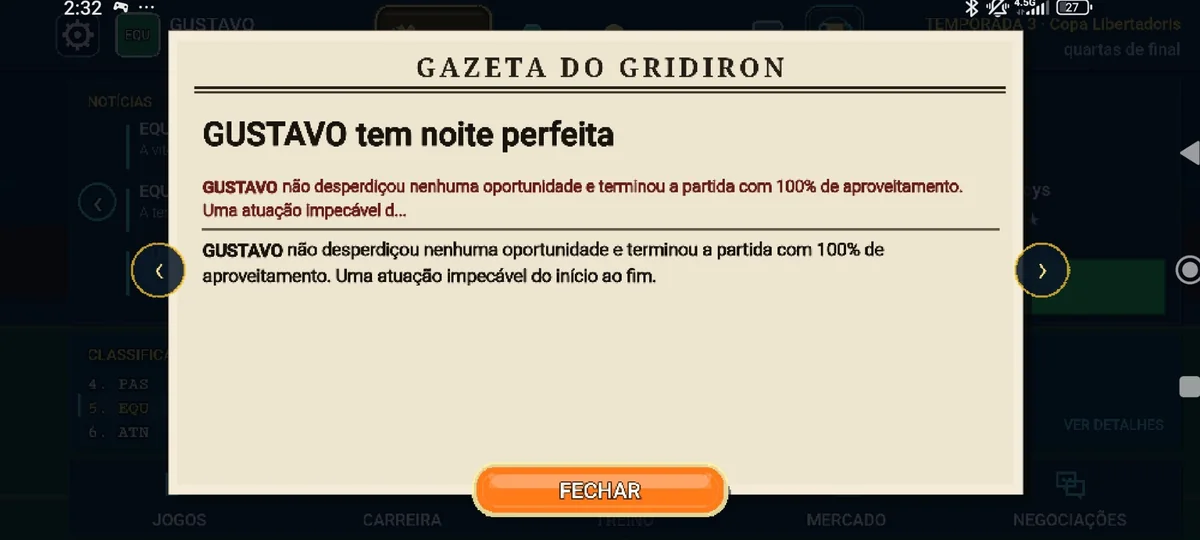 Captura real da Gazeta do Gridiron mostrando notícias sobre o desempenho de um atleta