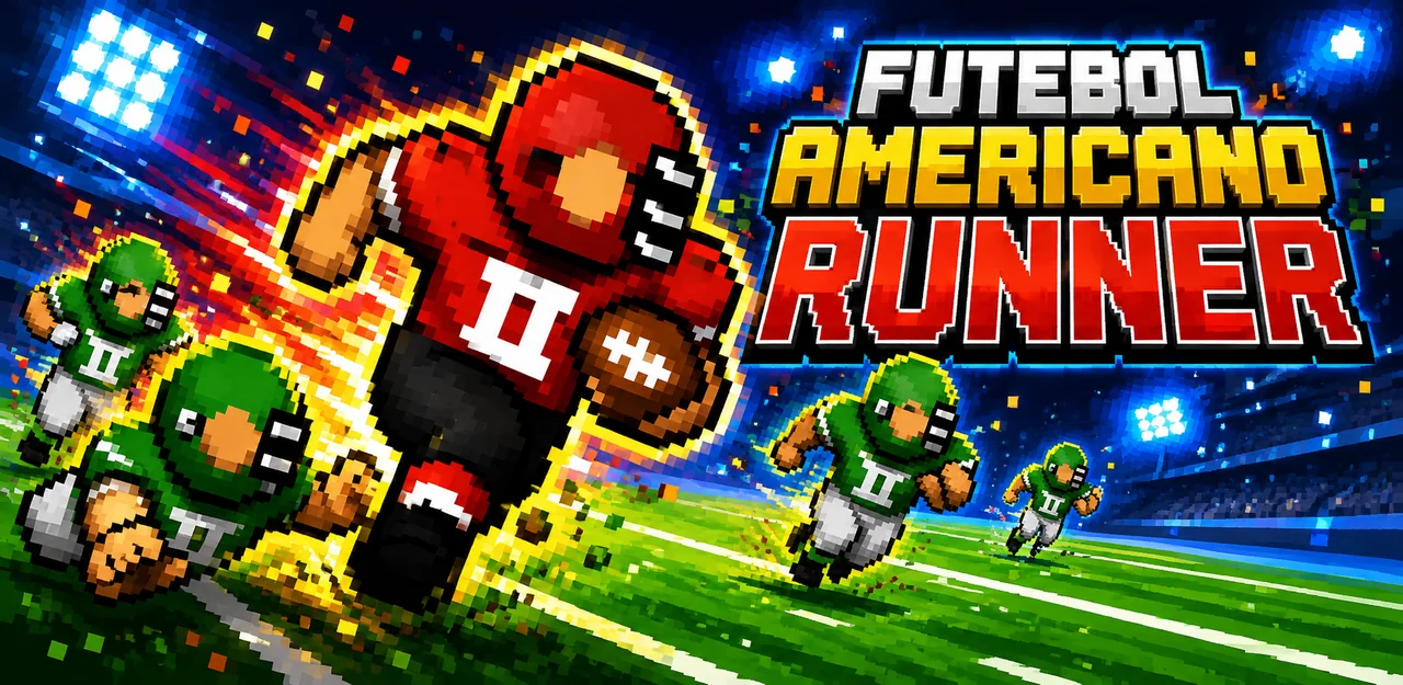 Arte de divulgação com corredor de futebol americano em pixel art ao lado do título do jogo