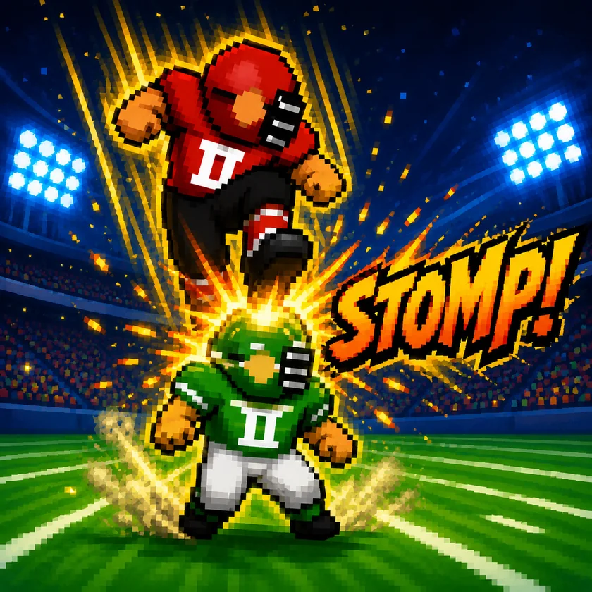 Arte promocional de habilidade stomp com jogador vermelho saltando sobre defensor verde