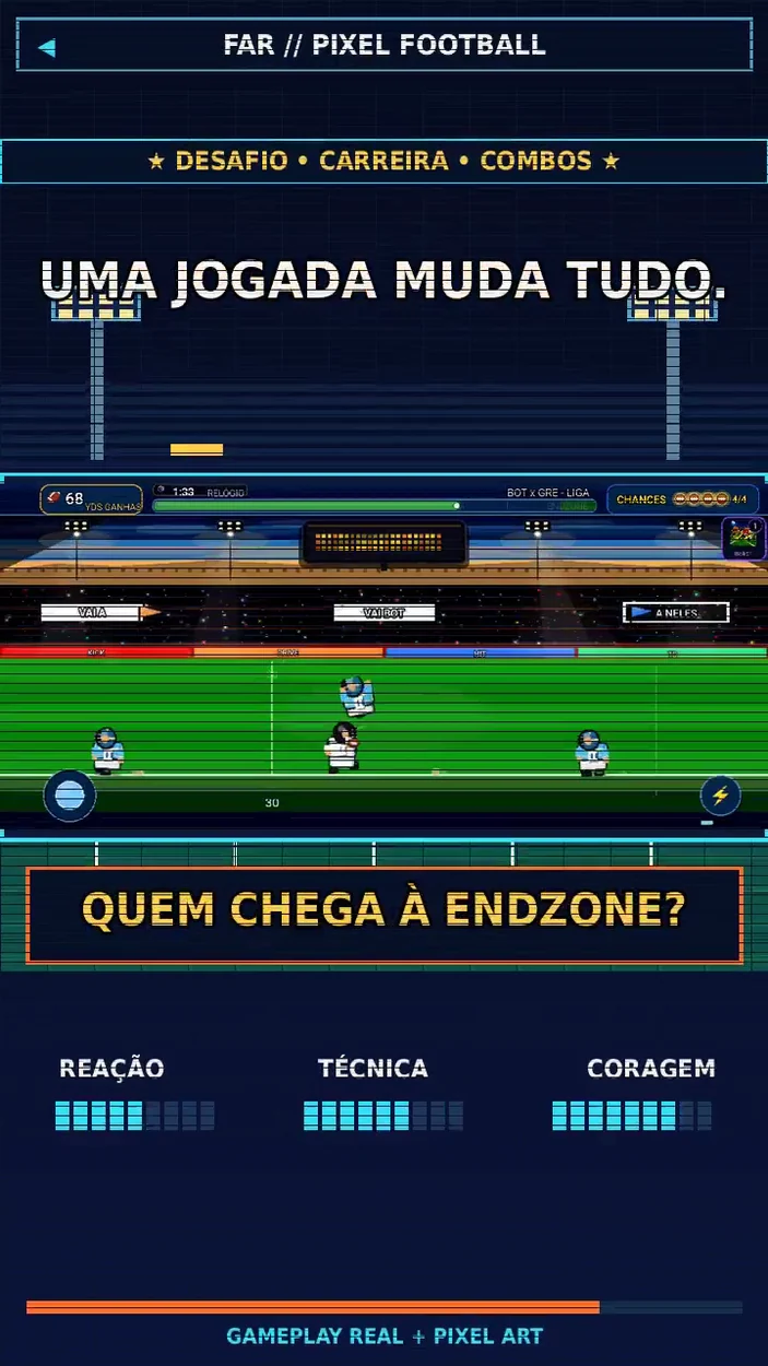 Cena vertical do trailer com gameplay em pixel art no estádio